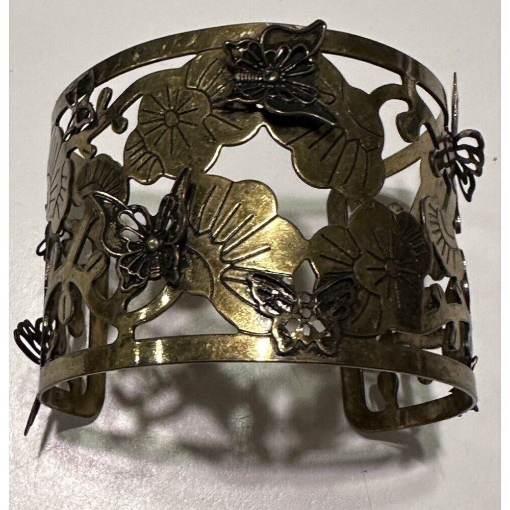 Antiqued Gold Tone Cuff Bracelet Floral Filigree 3D Butterfly Appliqués
